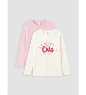 LCW Kids Pembe Bisiklet Yaka Baskılı Kız Çocuk 2'li Tişört