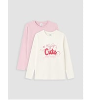 LCW Kids Pembe Bisiklet Yaka Baskılı Kız Çocuk 2'li Tişört