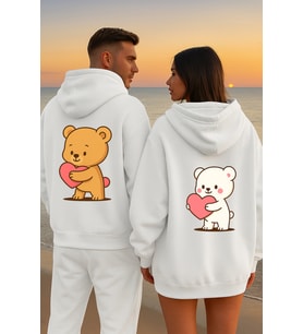Kalpli Ayıcık Sevgili Kombini Hoodie – Unisex Oversize Çift Sweatshirt 2’li Set (Beyaz)