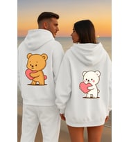 Kalpli Ayıcık Sevgili Kombini Hoodie – Unisex Oversize Çift Sweatshirt 2’li Set (Beyaz)