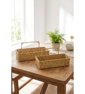 ® 2’li Duvar Askılı Plastik Rattan Organizer – Dikdörtgen Hasır Görünümlü Mutfak Raf Sepeti, B