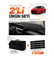 PEUGEOT 208 (2020-2024) Uyumlu Torpido Örtüsü + Tay Tüyü Bagaj Çantası + Sticker Seti - Siyah