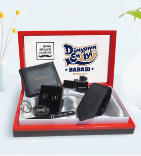 BK Gift Kişiye Özel Dünyanın En İyi Babası Tasarımlı Mesajlı Kutuda Cüzdan Çakmak Kalem Anahtarlık Kravat ve Kol Düğmesi Hediye Seti-2