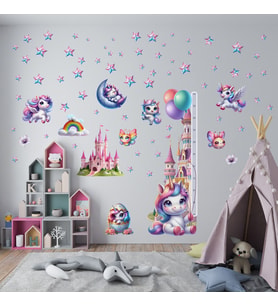 Unicorn Temalı Gökkuşağı Renkli Boy Ölçerli Duvar Sticker Seti - Mat, Sökülebilir, Çocuk Odası Dekoru