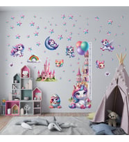 Unicorn Temalı Gökkuşağı Renkli Boy Ölçerli Duvar Sticker Seti - Mat, Sökülebilir, Çocuk Odası Dekoru
