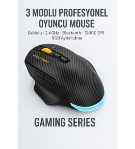 W601 Tri-Mode Gaming Mouse – 12800 DPI, RGB, BT + 2.4GHz + Kablolu, Type-C Şarjlı Oyuncu Mouse (Siyah)