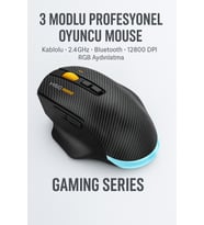 W601 Tri-Mode Gaming Mouse – 12800 DPI, RGB, BT + 2.4GHz + Kablolu, Type-C Şarjlı Oyuncu Mouse (Siyah)