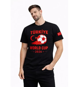 Erkek Türkiye World Cup 2026 Baskılı Tişört Futbol Temalı Forma T-Shirt - Siyah