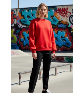 Kadın Bisiklet Yaka Düşük Kol Oversize Kalıp Nakışlı Sweatshirt Fonksiyonel Dayanıklı Spor