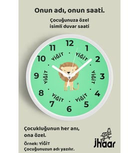 İsme Özel Sevimli Aslan Çocuk Odası Duvar Saati Orta Boy 30 cm Beyaz Camlı Sessiz