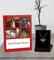 Kişiye Özel 4 Fotoğraflı Kolaj Kırmızı Ahşap Çerçeve Ve Melek Kolye