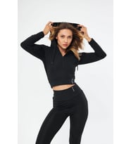 Lesa Wear Kapüşonlu Içi Polarlı Yumuşacık Şardonlu Kaşkorse Crop Likralı Sweatshirt (Siyah)