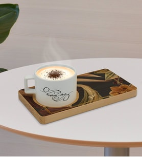 BK Gift Kişiye Özel Çiçekler Tasarımlı Doğal Ahşap Tabaklı Seramik Fincan Sunum Seti  Model 4