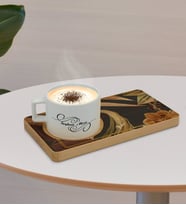 BK Gift Kişiye Özel Çiçekler Tasarımlı Doğal Ahşap Tabaklı Seramik Fincan Sunum Seti  Model 4