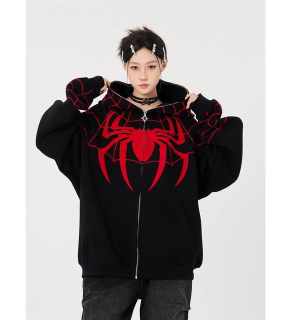 Y2k Streetwear Spider Web Oversize Fermuarlı Siyah Unisex
