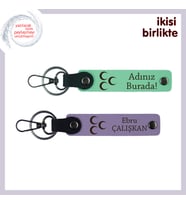 Doğum Gününe Hediye, Üç Hilal Temalı Kişisel İsimli 2’li Anahtarlık Takımı, Yeşil-Mor