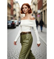 Kadın Ekru Carmen Yaka Fitted Crop Triko Kazak İlkbahar Sonbahar İçin Şık Ve Basic Tasarım