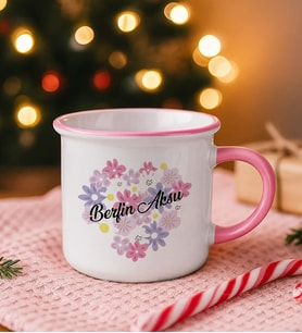 BK Gift Kişiye Özel Çiçek Tasarımlı Pembe Emaye Kupa Bardak -17, Arkadaşa Hediye, Sevgiliye Hediye