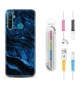 Realme 5i 5 Pro 6i 7 Pro 8 Kılıf Kablo Koruma Spiral Silikon Blue MArble 1379