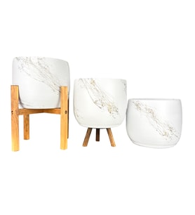BİTKİ TASARIMI EV DEKORASYON AKSESUAR BEYAZ ÜZERİ GOLD MERMER EFEKTLİ TOPRAK SAKSI SAKSILIK SALON ÇİÇEKLİK ÜÇLÜ SET- 19 CM