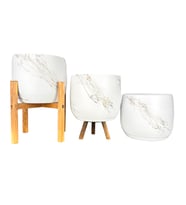 BİTKİ TASARIMI EV DEKORASYON AKSESUAR BEYAZ ÜZERİ GOLD MERMER EFEKTLİ TOPRAK SAKSI SAKSILIK SALON ÇİÇEKLİK ÜÇLÜ SET- 19 CM