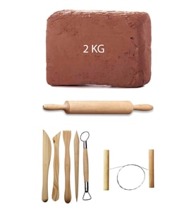 Kahve Çamur Kırmızı Kil Seramik Hamuru 2 kg Ebeşuar Seti Ahşap Merdane Seramik Çamur Kesme Teli
