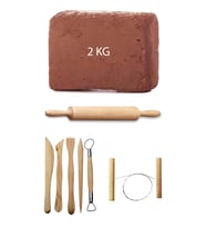 Kahve Çamur Kırmızı Kil Seramik Hamuru 2 kg Ebeşuar Seti Ahşap Merdane Seramik Çamur Kesme Teli