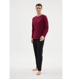 Yeni Sezon Bisiklet Yaka Erkek Konforlu Pijama Takımı (Bordo)