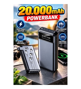 20.000 mAh Dijital Göstergeli Hızlı Şarj Destekli USB Girişli Android ve iOS Uyumlu Powerbank