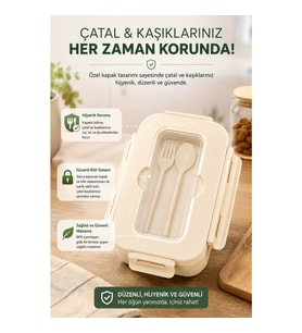 Piev Kilitli Sızdırmaz Çatal Kaşıklı 2 Bölmeli Beslenme Kabı Krem