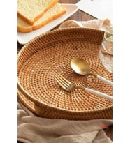 Bohem Rattan Kulplu Hasır Tepsi, Çay Kahve Sunum Tepsisi, Çok Amaçlı Modern Dekoratif Tepsi 30cm (Kahverengi)