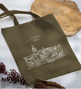 BK Gift İstanbul Tasarımlı Haki Kumaş Bez Çanta, Baskılı Omuz Çantası, Alışveriş Çantası, Arkadaşa Hediye-4