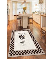 Bej Kaymaz Tabanlı Yıkanır Home Desenli Mutfak Halısı AR796