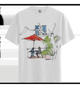 Cafe Sketch - %100 Pamuklu Erkek Beyaz Tişört - Premium Quality (Siyah - Beyaz)