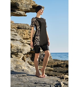 Ruko Maio 23146 Leopar Reglan Yarım Kollu Yarı Tesettür Mayo