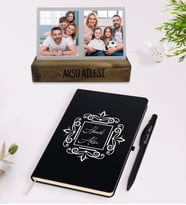 BK Gift Kişiye Özel 2 Fotoğraflı Dekoratif Ahşap Stand ve Siyah Defter Kalem Hediye Seti