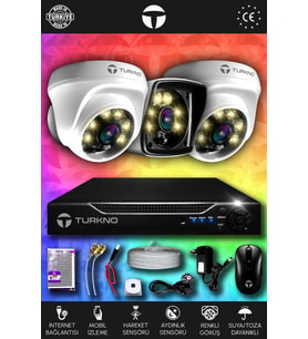 TURKNO 3 Kameralı Karie 2 İç Kamera Set HDD'siz Full HD Renkli Gece Görüşlü Güvenlik Kamerası Sistemi