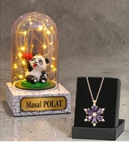 Gerçek Ametist Taşlı Lotus Kolye ve Led Işıklı Kişiye Özel Fanus Hediyesi (Model 3)