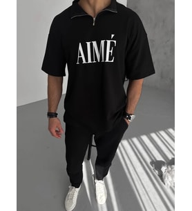ERKEK Tişört Yakalı Yarım Fermuarlı Kısa Kol Baskılı T-Shirt - Siyah
