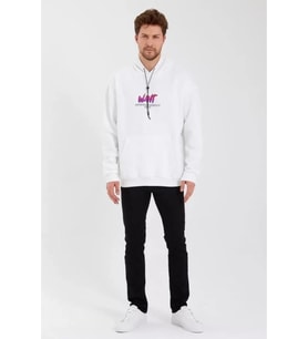Erkek Baskılı Üç İplik Kapüşonlu Oversize Sweatshirt - Beyaz