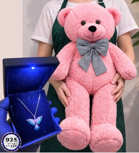 Premium Set Büyük Boy Pembe Peluş Ayıcık ve Işıklı Kutusunda 925 Ayar Gümüş Kolye