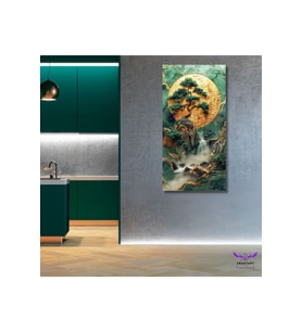 Tekli Panoramik Dikey Kanvas Modern Salon Tablosu Şelale ve Yeşil Orman Tablosu