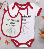 BK Kids İlk Babalar Günü Tasarımlı Kırmızı Bebek Body Zıbın ve Mama Önlüğü Hediye Seti-2