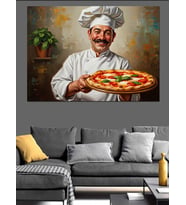 Pizza Tepsisi Tutan Gülümseyen Şef Dekoratif Kanvas - Mdf Ahşap Tablo
