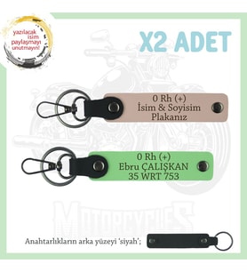 Motor Severlere Özel, İsim Plaka ve 0 Rh (+) Kan Grubu Yazılı x2 Anahtarlık, Yavruağzı-F Yeşil-Syh (Çok Renkli)