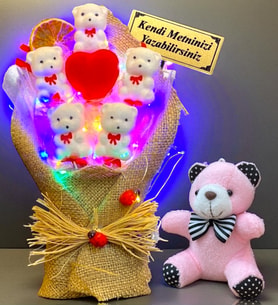 Kişiye Özel Tasarım Led Işıklı Buket ve Peluş Ayıcık Anahtarlık (Model 1)