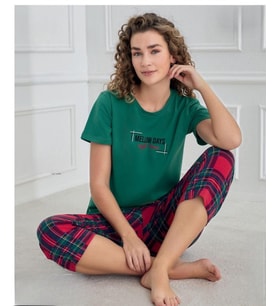 Mihra Kadın Bisiklet Yaka COMPACT PENYE Likralı KAPRİ Kısa Kol Pijama Takımı 90753Y - 1 Adet (Yeşil)
