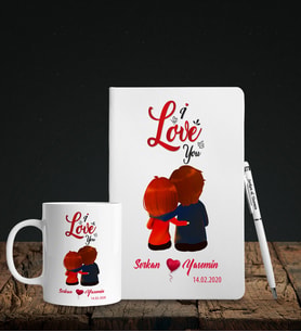 Sevgililer Gününe Özel Beyaz Deri Defter Kalem Kupa Hediye Seti 35