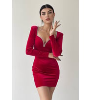 Julishop Kadın Yılbaşı Temalı Kırmızı Esnek Kadife Kumaş Taşlı Yaka Uzun Kollu Mini Elbise