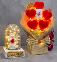 Led Işıklı Kırmızı Kalp Buketi ve Led Işıklı Beyaz Melekli Fanus Kişiye Özel Hediye Seti